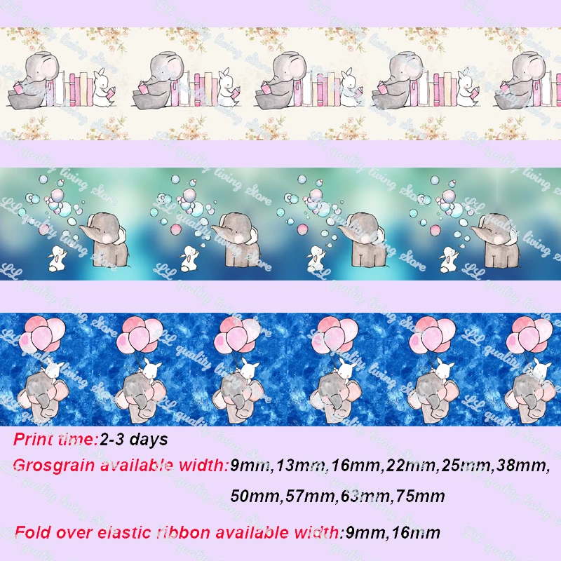 

Elephant and rabbit party printed 38mm grosgrain ribbon christmas ribbon cartoon wedding decoration diy emballage cadeau custom