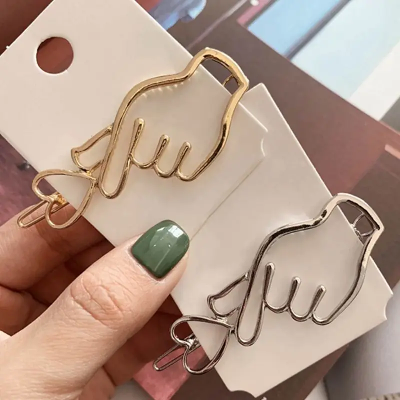 Korean Creative Finger Heart Shaped Bobby Pins Women Girls Polished Metallic Gold Silver Hair Clips Hollow Geometric Barrettes| |