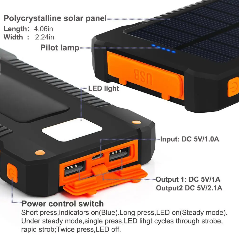 Солнечный водонепроницаемый внешний аккумулятор LED Light Powerbank 2 USB портативное