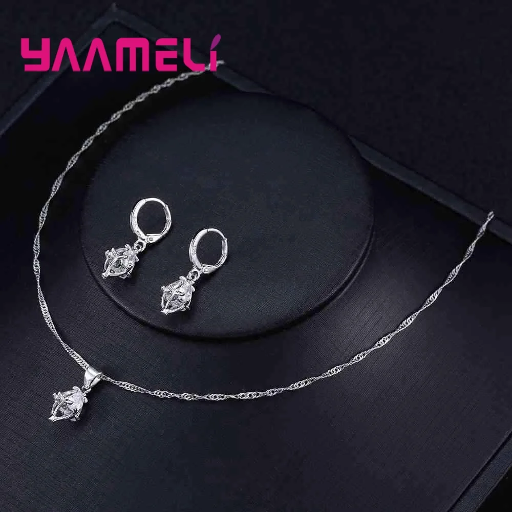 Genuine 925 Sterling Silver Women Jewelry Sets Simple Personality Design AAA Cubic Zirconia Party Necklace Earrings | Украшения и