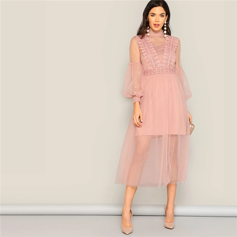 SHEIN Прозрачное Сетчатое Платье С Оригинальным Рукавом И Бусинами Нарядное Вечернее Платье На Бретельках С Открытой Спиной