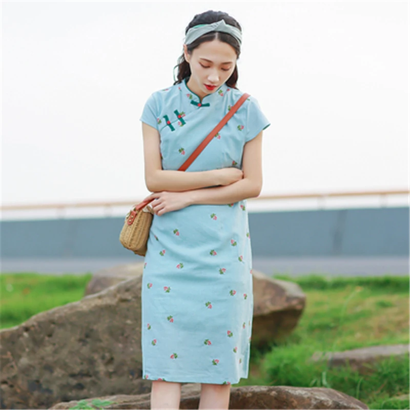Китайское традиционное платье Ципао китайское из хлопка и льна лето 2019 | Женская