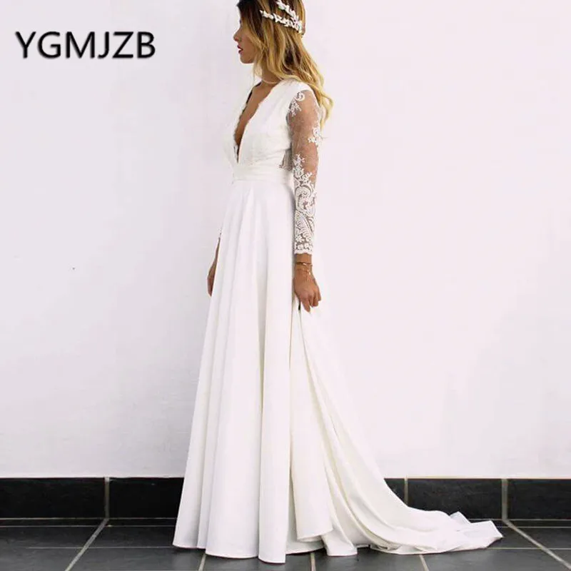 Женское пляжное платье с длинным рукавом Boho кружевное глубоким v-образным