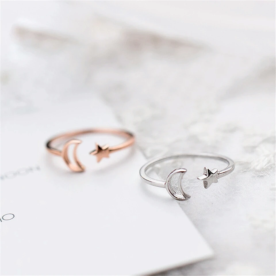 100% 925 Real Sterling Silver Fashion Women Moon Opening Rings Size Adjustable For Female Girls Lady's Jewelry J4103 | Украшения и