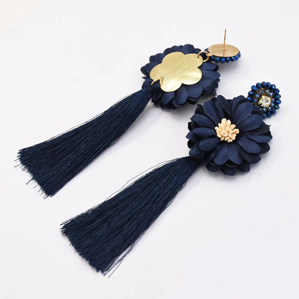

Big Flower Earrings Dangle Resin Women BohemianEthnic Black Fringe Tassel Earrings Crystal Female Wedding Bijoux Jewerly