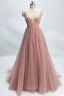 Блестящие платья розового цвета для выпускного вечера, тюлевые Вечерние наряды со шлейфом, со стразами, с глубоким круглым декольте, длина до пола, для вечеринки
