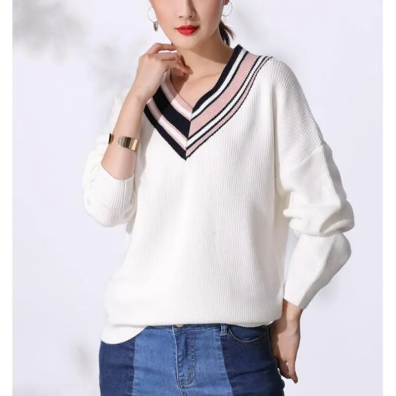 С длинным рукавом V шеи полосатый вязаный джемпер на осень-зиму мода трикотаж