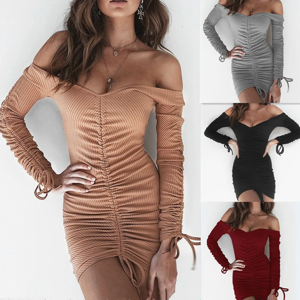

Autumn sexy off shoulder bodycon dress women long sleeve v neck mini dress party short dresses vestidos femininos