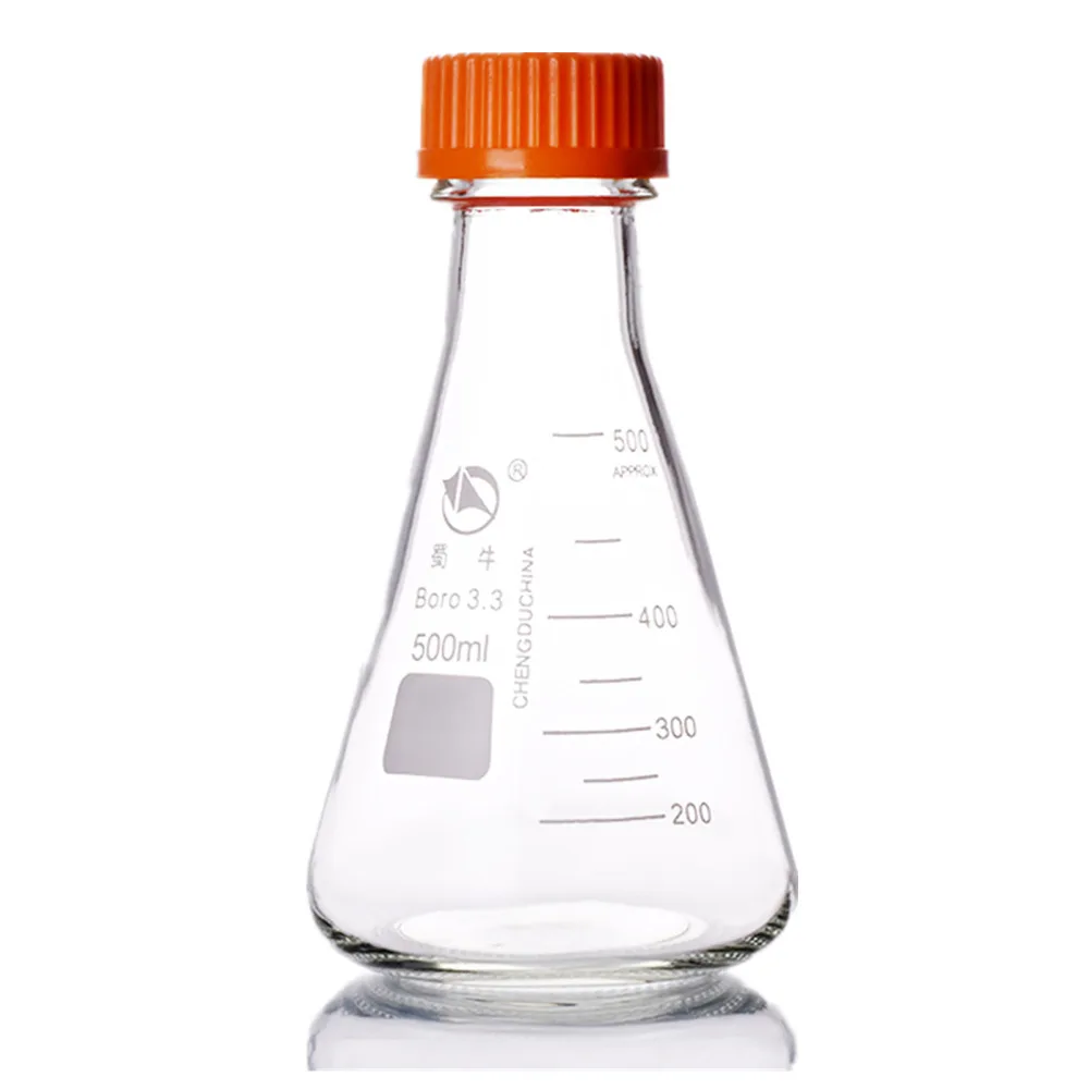 500 мл стеклянная фляга Erlenmeyer Желтая Пластиковая крышка винта лабораторная