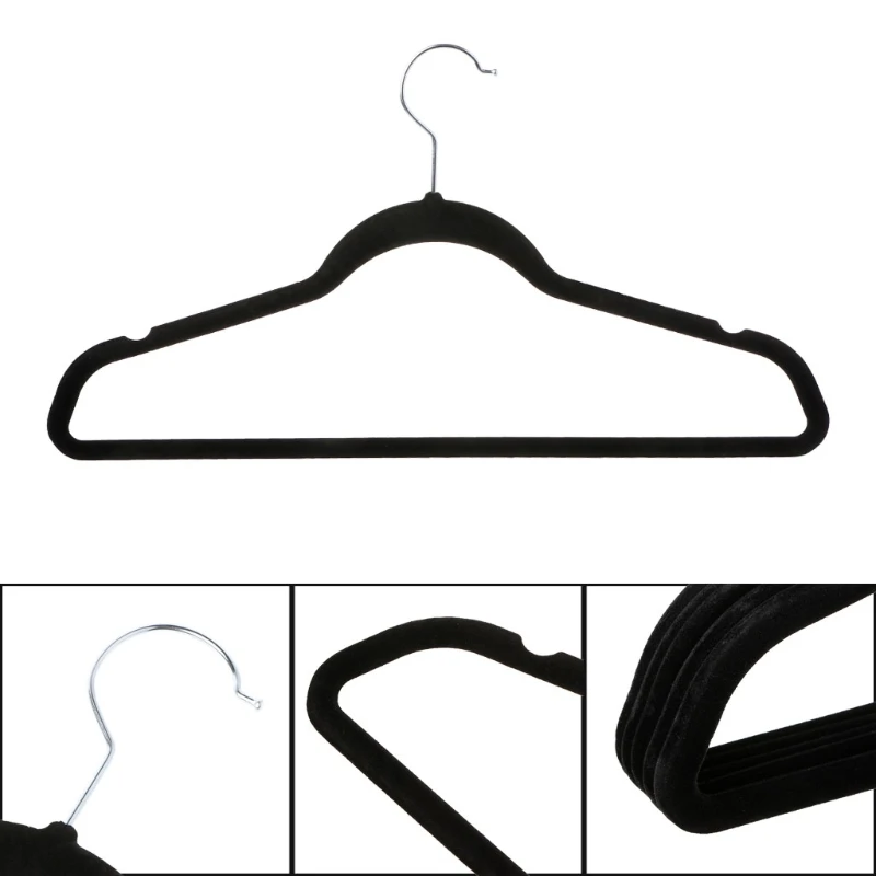 

5 x Black Adult Non-Slip Hangers Flocked Velvet Clothes Coat Trouser Wardrobe