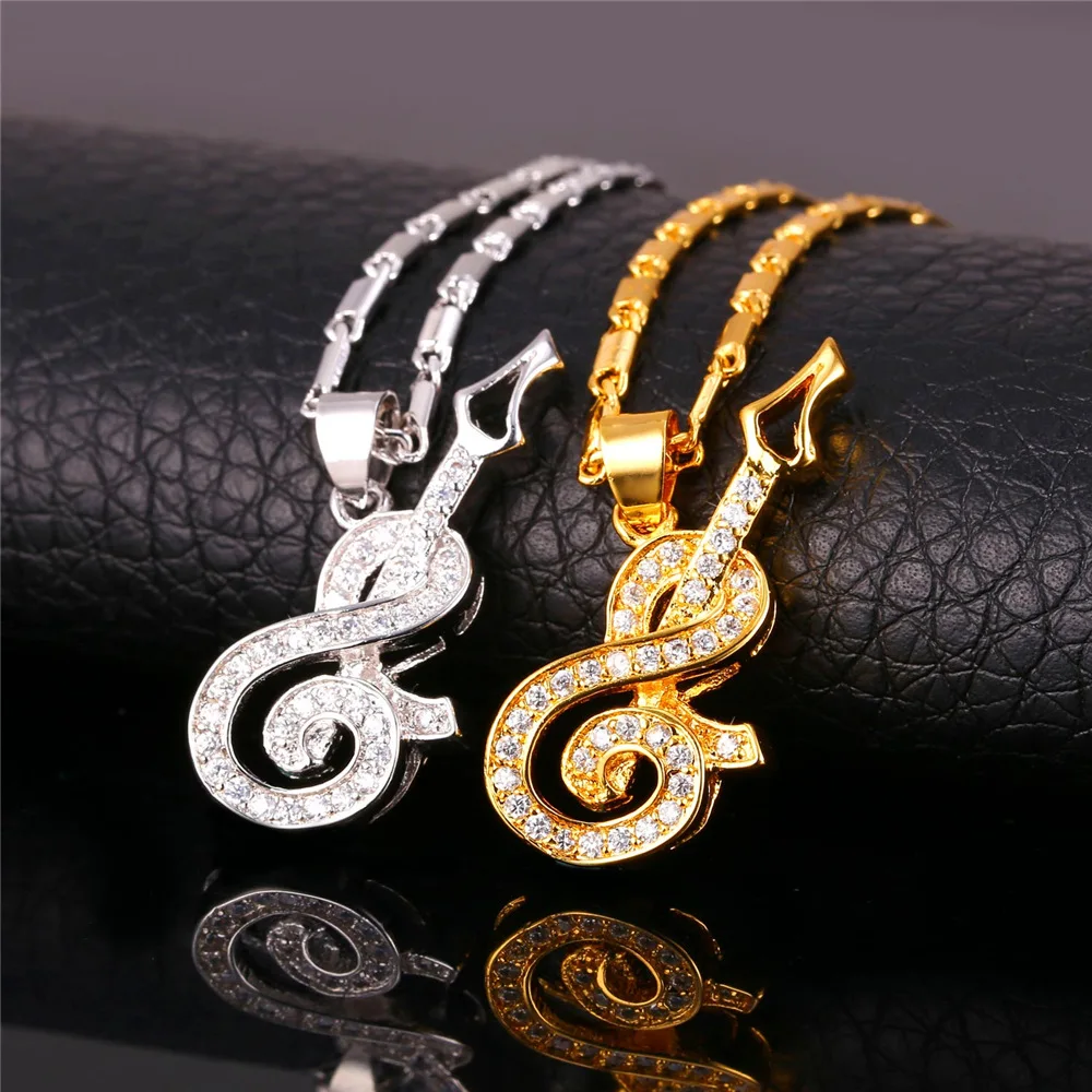 U7 Позолоченный Гитара Кулон Ожерелье Мужчинны /Женщины Циркон Музыкальный Знак