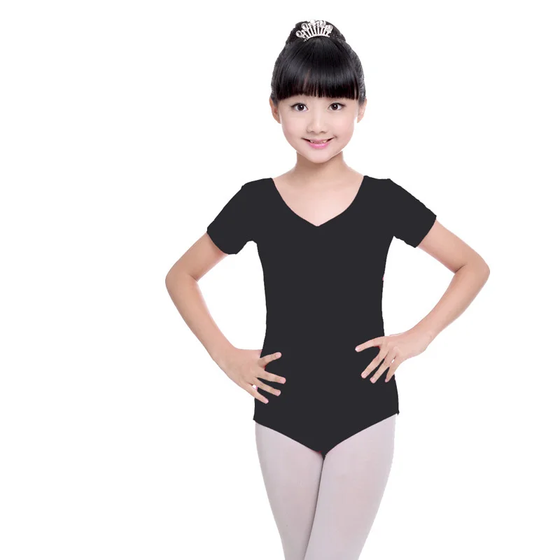 black short sleeve Детские хлопковые балерины для балета, гимнастики, трико для девочек, танцевальные боди, костюмы для катания на коньках, одежда, Одежда для танцев - Цвет: black short sleeve