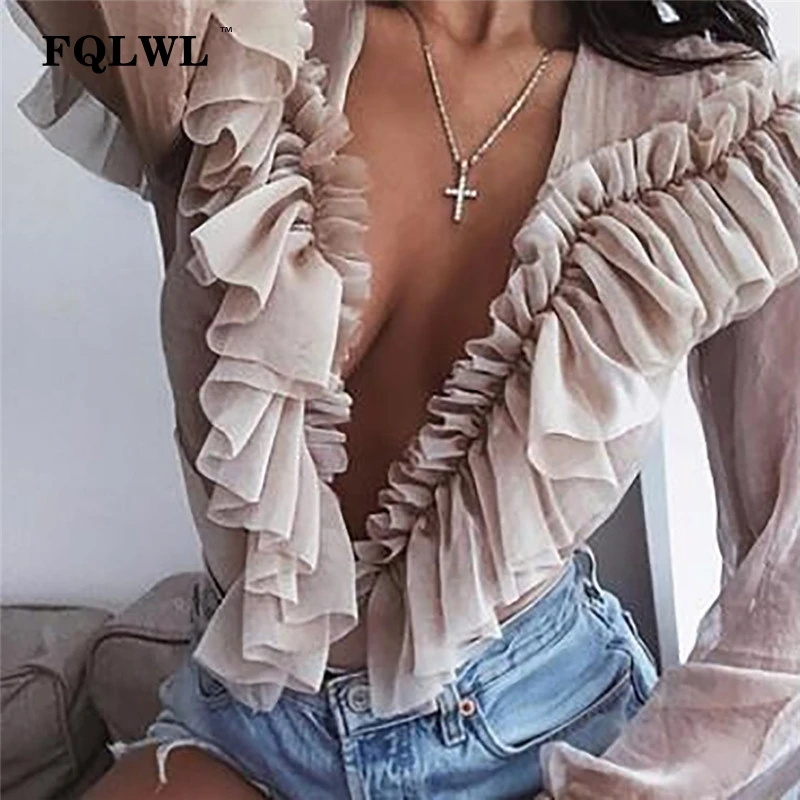 Женское прозрачное боди FQLWL черное облегающее с длинным рукавом и глубоким