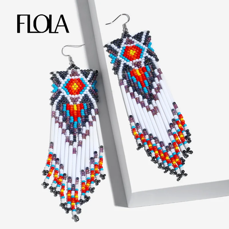 Женские бисерные серьги FLOLA длинные в стиле бохо с бахромой и этническими