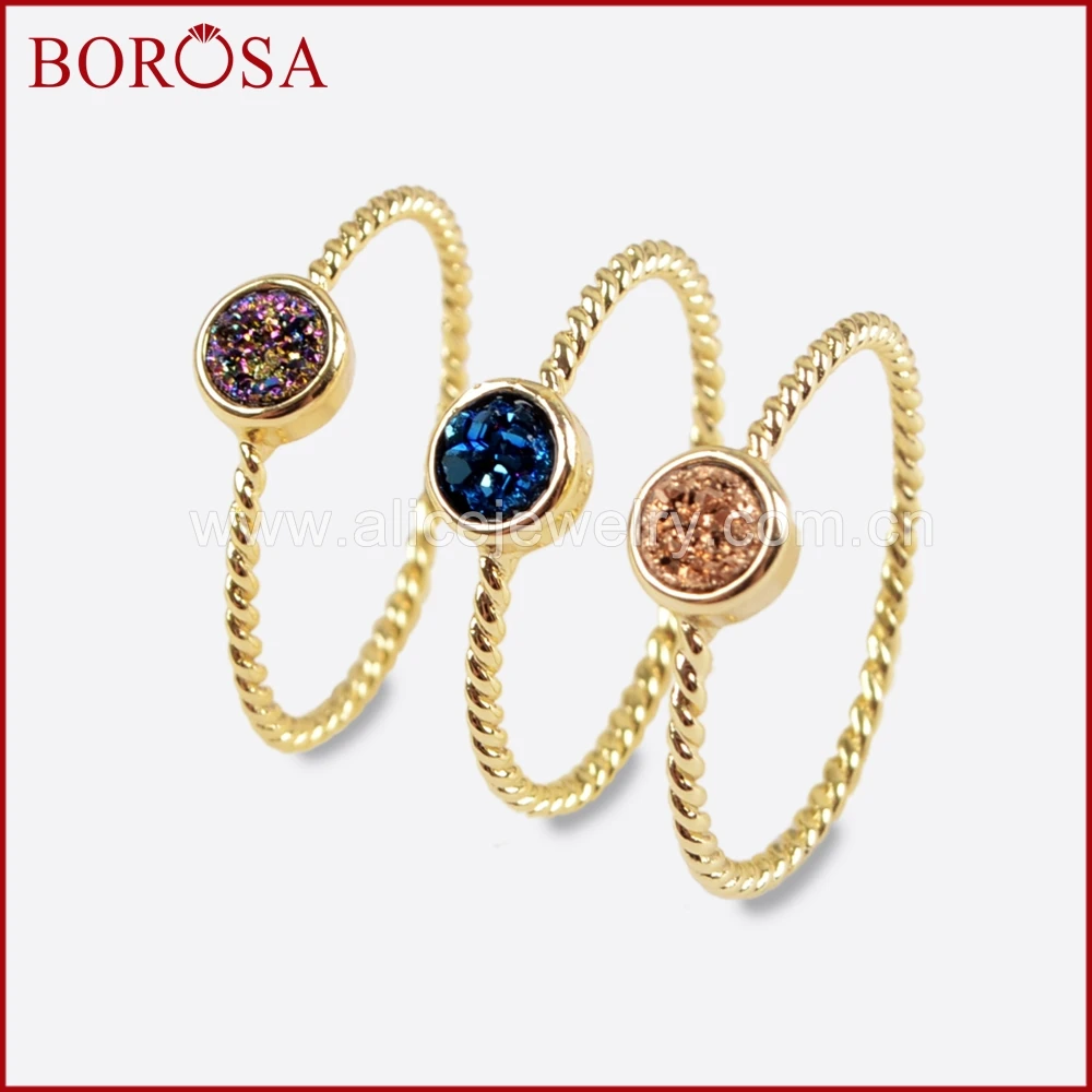 BOROSA 10 шт. золото 4 цвета мм Drusy Круглый природных Титан Радуга Druzy ободок кольца, разноцветные Drusy кольцо для Для женщин ZG0284