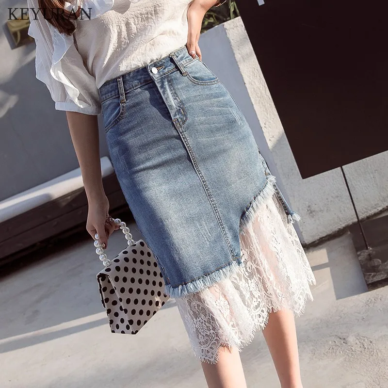 2020 модные джинсовые юбки женские летние кружевные сетчатые в стиле пэчворк