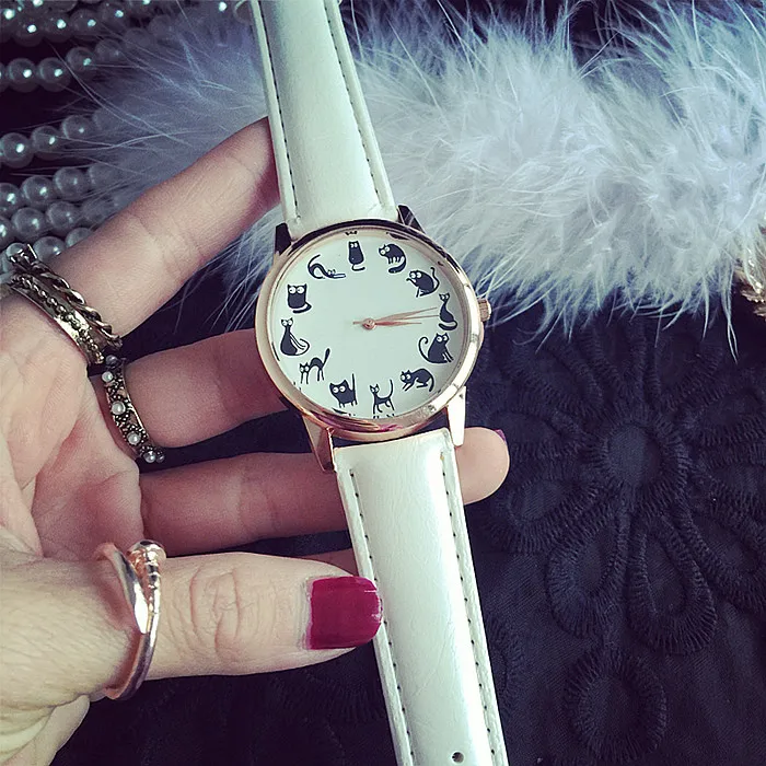 Милые детские забавные модные часы с кошкой 2017 женские наручные кожаным ремешком
