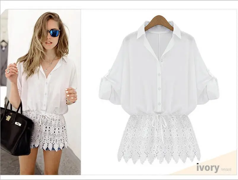 2017 Новая мода Кружево шить подол Camisas летучая мышь одежда с длинным рукавом