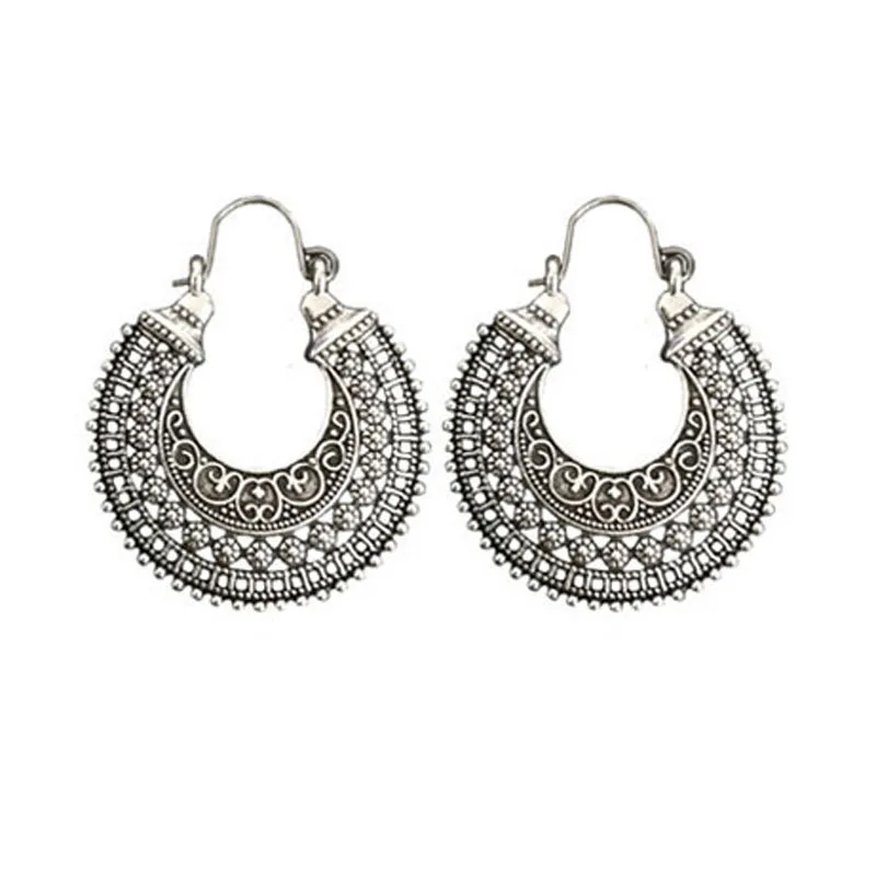 Style3 POHOUR Antique silver Gypsy Indian Tribal Ethnic Hoop Drop Dangle Mandala Earrings Boho - Окраска металла: Style3