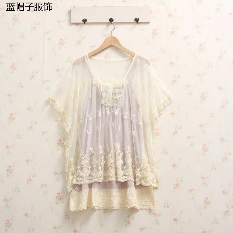 Винтажная кружевная сорочка женская блузка с вышивкой Женские кимоно цветочным рисунком 2 предмета вязаная