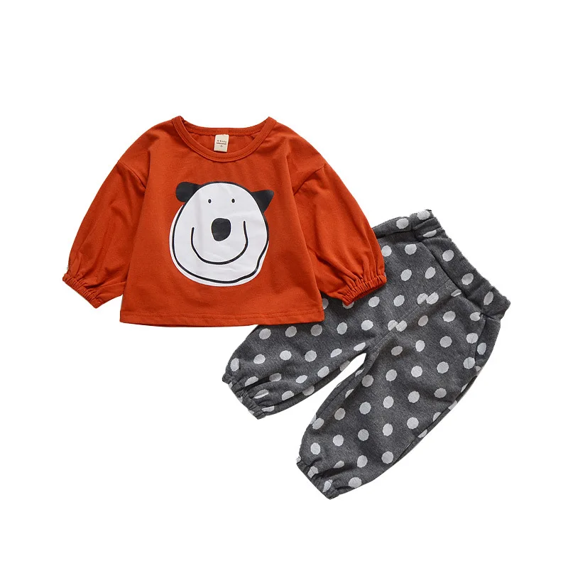 Комплект детской одежды хлопок милый мультфильм шаблон рубашка + Dot Print Pant модные