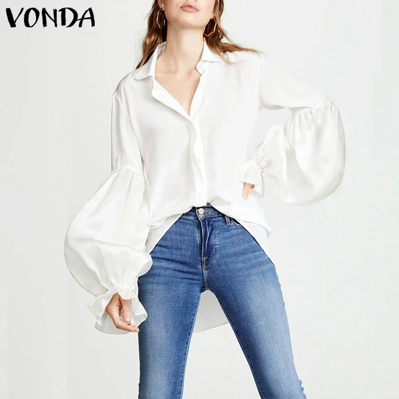 VONDA, блузка, женская рубашка, весна, сексуальная, с асимметричным подолом, с отворотом, с длинным рукавом-фонариком, топы, OL, рубашка, Повседневная, размера плюс, Blusas