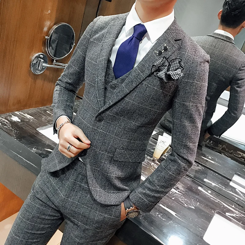 Блейзер куртки брюки и жилет хорошее качество мужские серые клетчатые костюмы