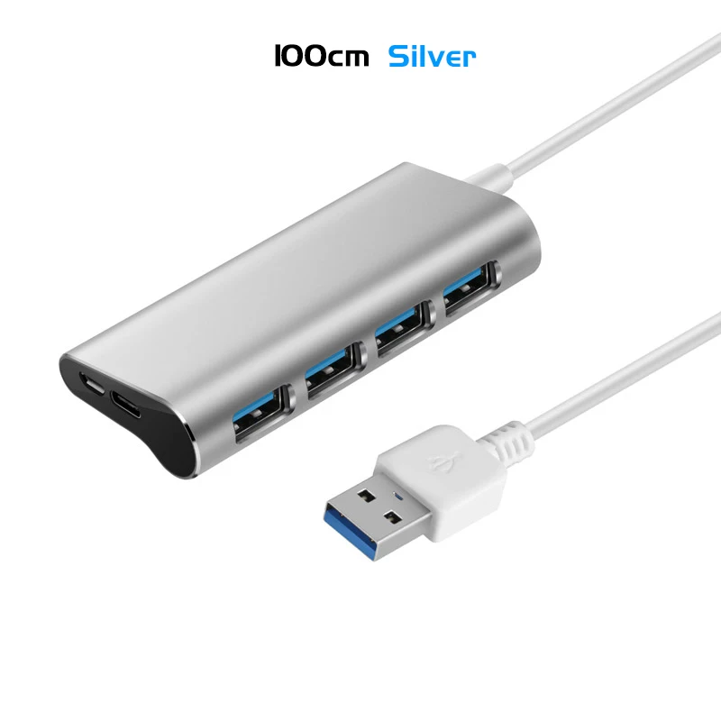 Silver 100cm 4-портовый Алюминий сплава USB 3,0 концентратор 5 Гбит/с супер Скорость 0,6 м/1 м usb-хаб Тип-C Micro Зарядка через usb разветвитель для настольного компьютера ноутбука - Цвет: Silver 100cm