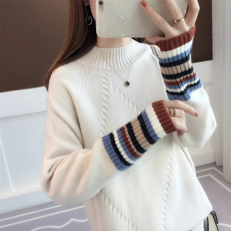 Маленькие и свежие свитера женские новые цветные рукава полувысокий воротник