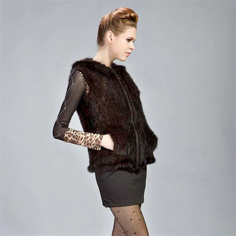 Жилеты из натурального меха норки Женские Вязаные жилеты с капюшоном женские