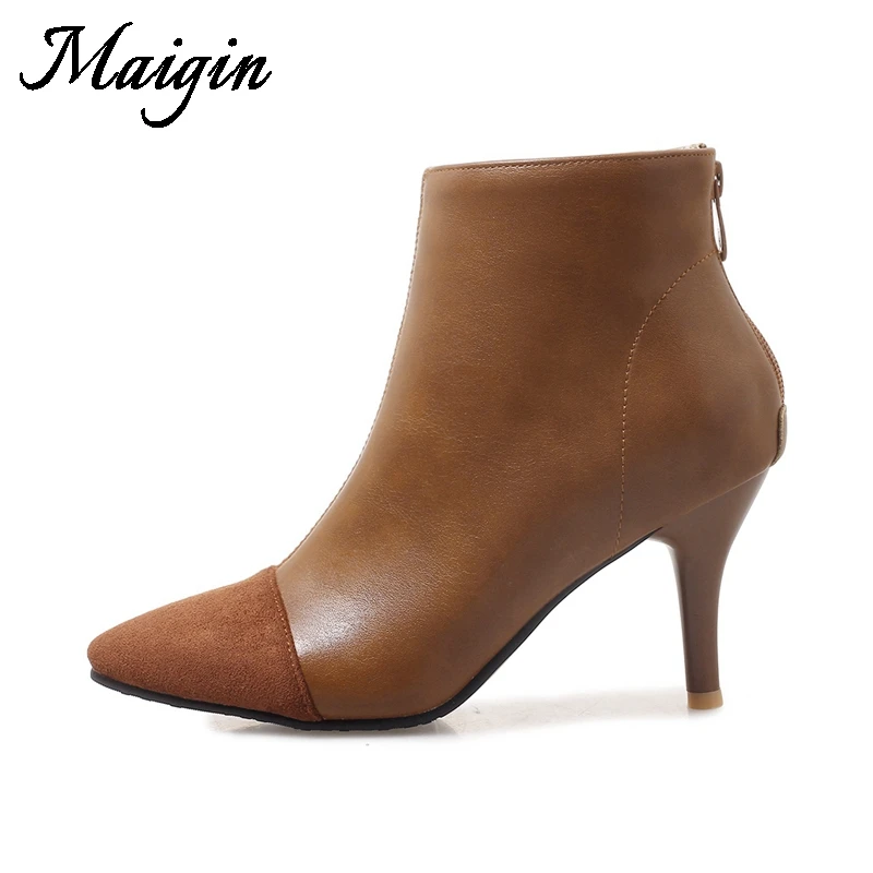 Maigin 2018 Autumn Woman Ankle Boots High Heels Pointed Toe Footwear Fashion Stitching Female Boot Winter Ladies Party Shoes | Обувь