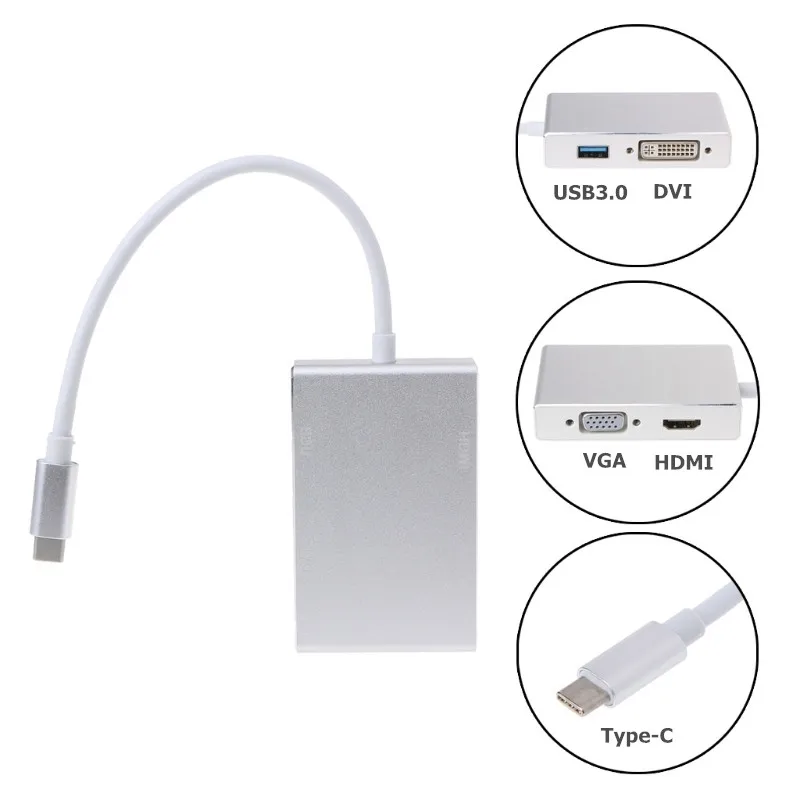 Кабель переходник Type C USB Thunderbolt 3 to HDMI VGA DVI USB3.0 1080P Combo для Chromebook Huawei P20 P30 Mate 20