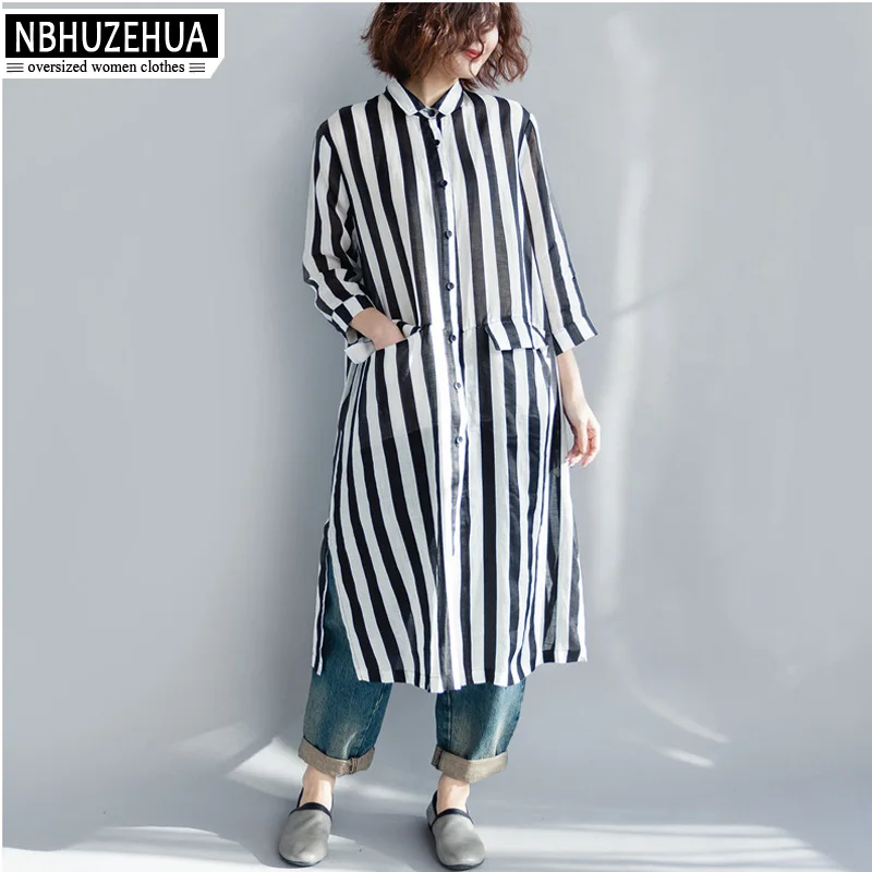 NBHUZEHUA A102 4XL 5XL Женские топы и блузки полосатая рубашка винтажные тонкие летние