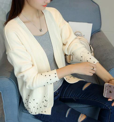 beige JQNZHNL осенний женский короткий свитер, кардиганы, модный длинный кардиган с рукавами, украшенный бисером, Повседневный свитер, пальто, верхняя одежда L669 - Цвет: beige