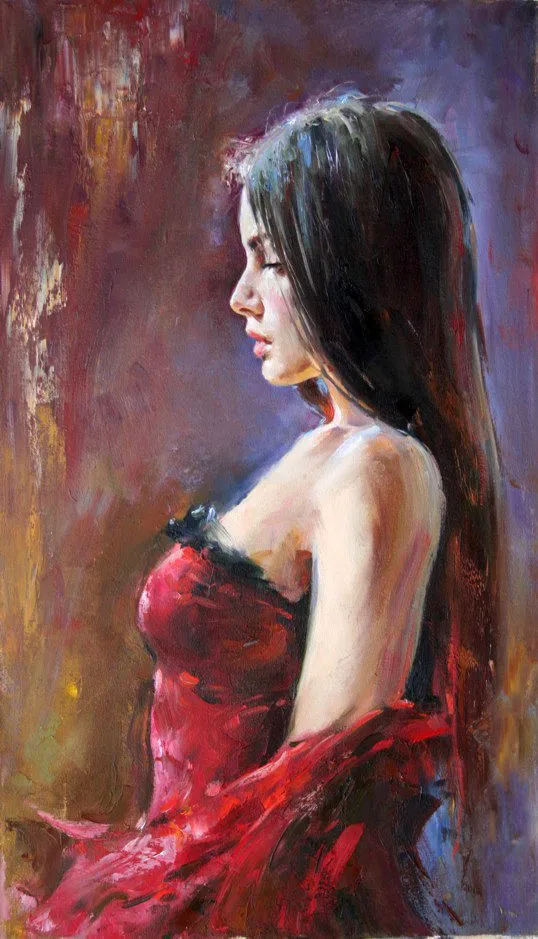 100% hand painted oil painting:beautiful young girl in red dress painting | Дом и сад