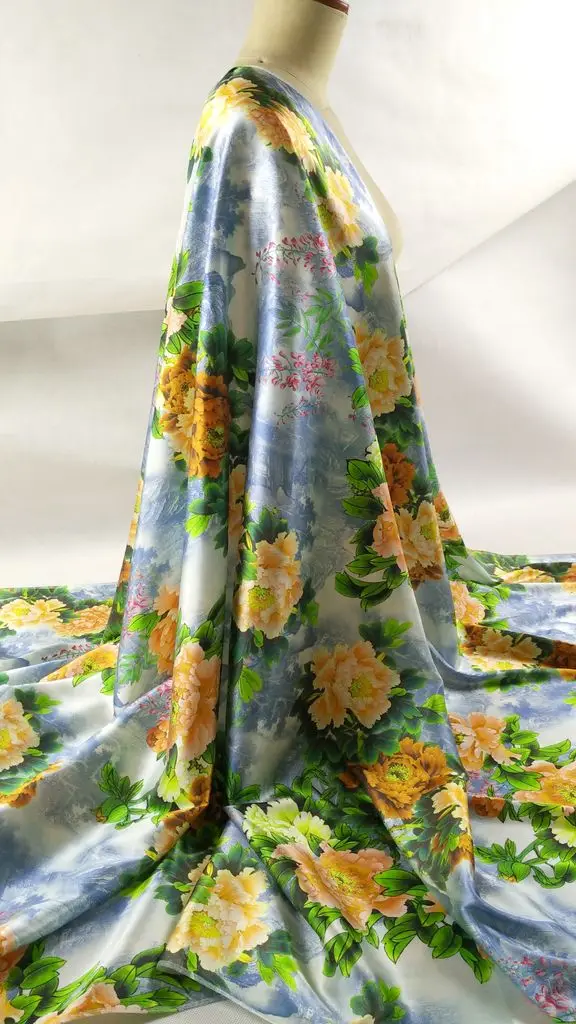 New Women 19mm Super Satin Woven Elastic Silk Fabric For Sewing Cloth Skirt Shirt Material Yellow Peony Print Discount | Дом и сад