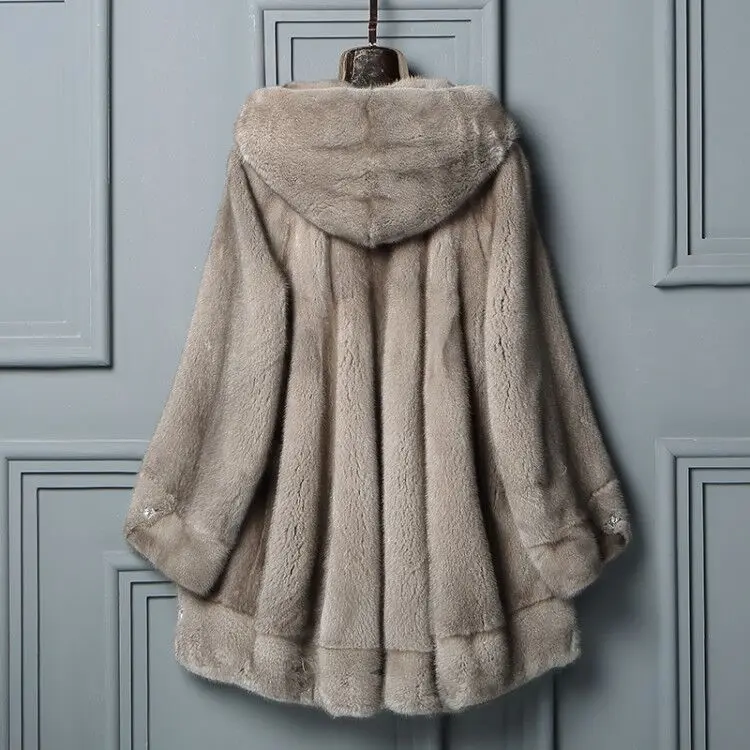 

Real natural mink fur coat women's hooded long mink fur coat short long sleeve outdoor warm furry Russian hot style
