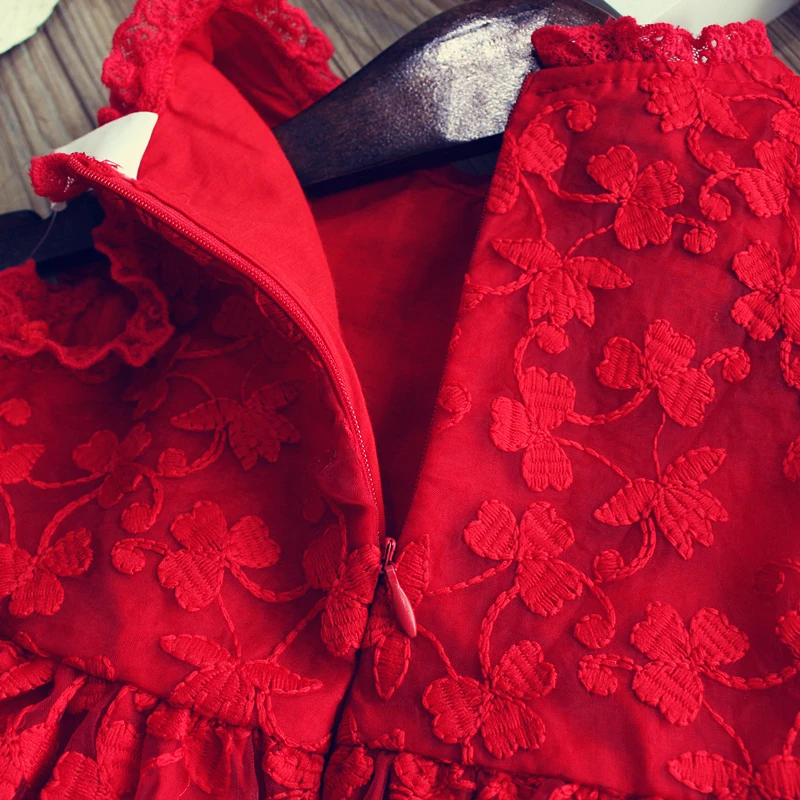 Красное/Белое детское модное кружевное платье для девочек Детская летняя Милая