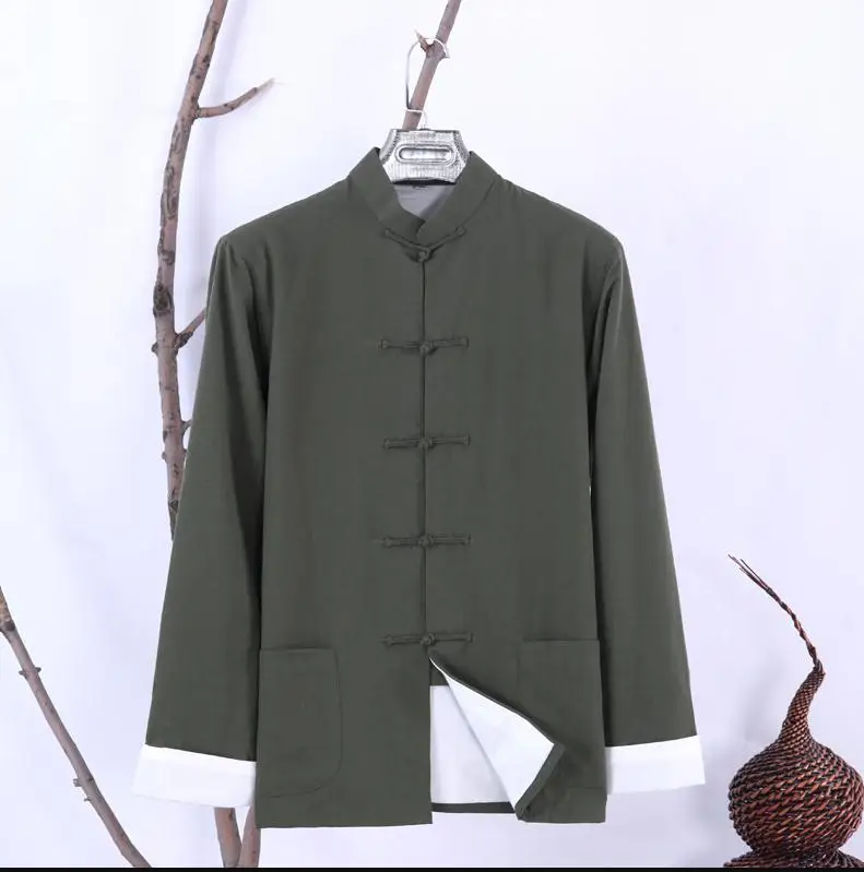 dark green Осенняя новинка, хлопок, Китайская традиционная Мужская куртка Кунг-фу с длинным рукавом, Брендовое дизайнерское пальто, униформа Тай Чи, одежда M-4XL - Цвет: dark green