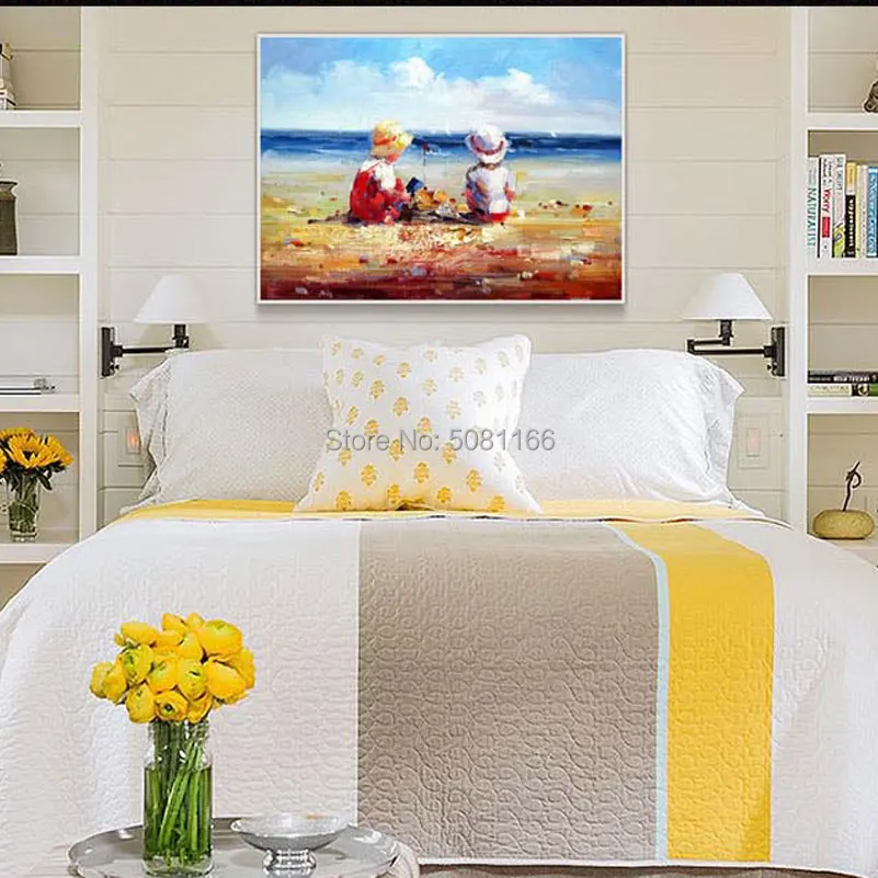 hand painted European style oil painting kids on beach canvas wall picture sea view pictures for living room | Дом и сад