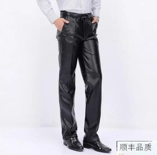 Faux leather trousers water wash velvet thicken slim straight loose autumn and winter motorcycle leather pants men black