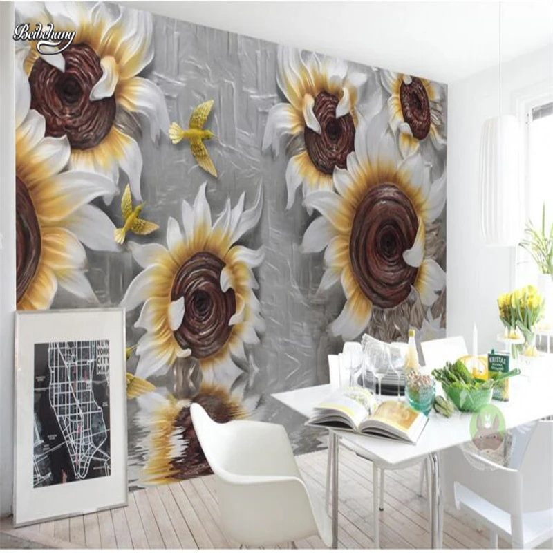 

beibehang 3D Relief Three-dimensional Sunflower Flower Franchise TV Backdrop Custom-made Large Mural Non-woven Wallpaper