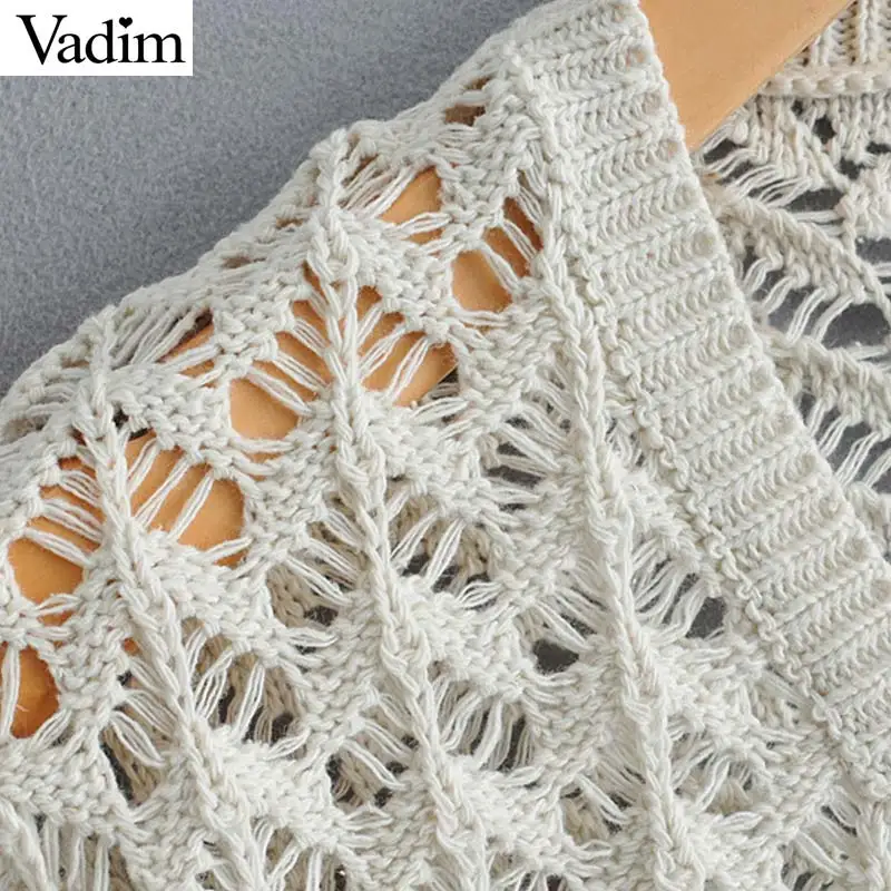 Vadim women solid knitted short cardigans hollow out sexy V neck single breasted female casual thin outwear sweater HA397 |