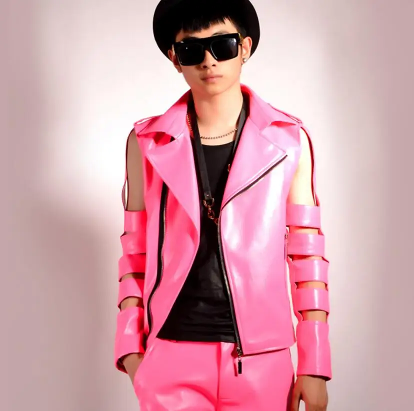 Мужская куртка в стиле хип-хоп розовая из искусственной кожи с
