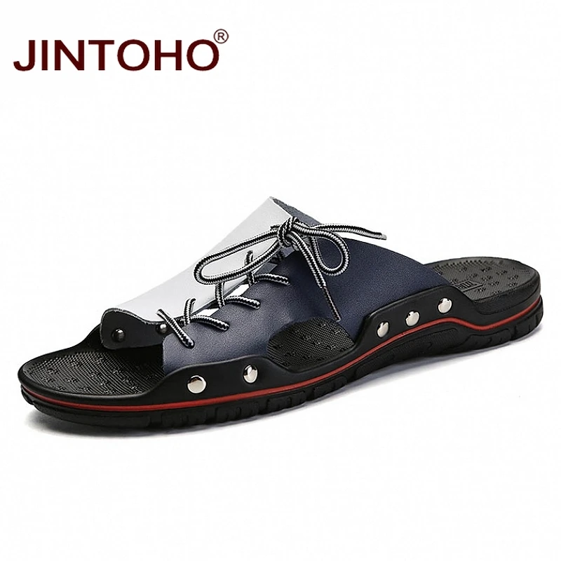 Летняя мужская обувь JINTOHO из натуральной кожи модные мужские кожаные тапочки