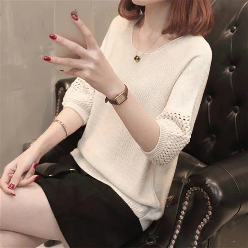 Women Spring / summer knit sweater Female New Fashion Loose Short-sleeved Clothes Thin Large Size Tops Jacket Pullover A0571 | Женская