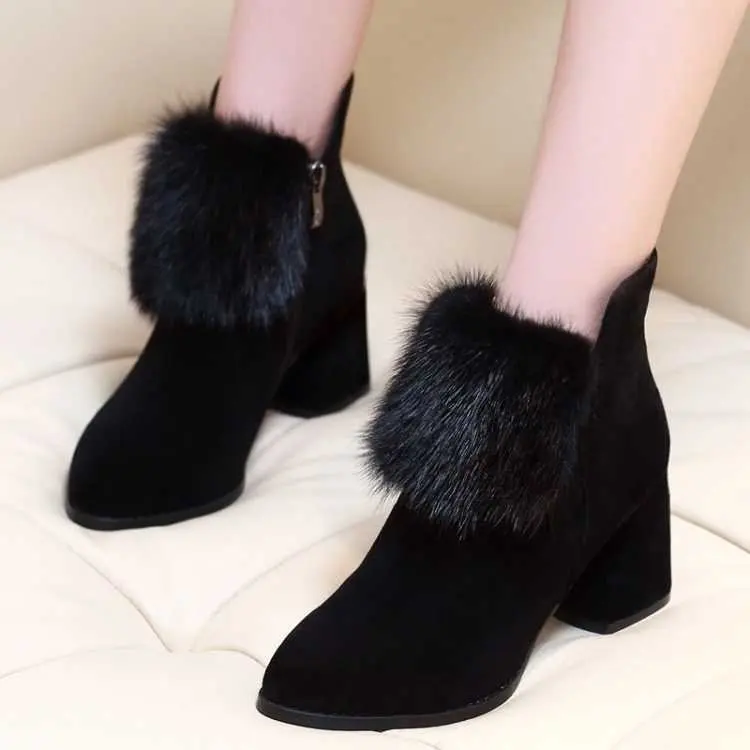 

Women Martin Boots Woman Winter Warm Ankle Boots Platform Shoes Ladies High Heels Shoes Suede Pointed Thick Faux Fur Short Boots