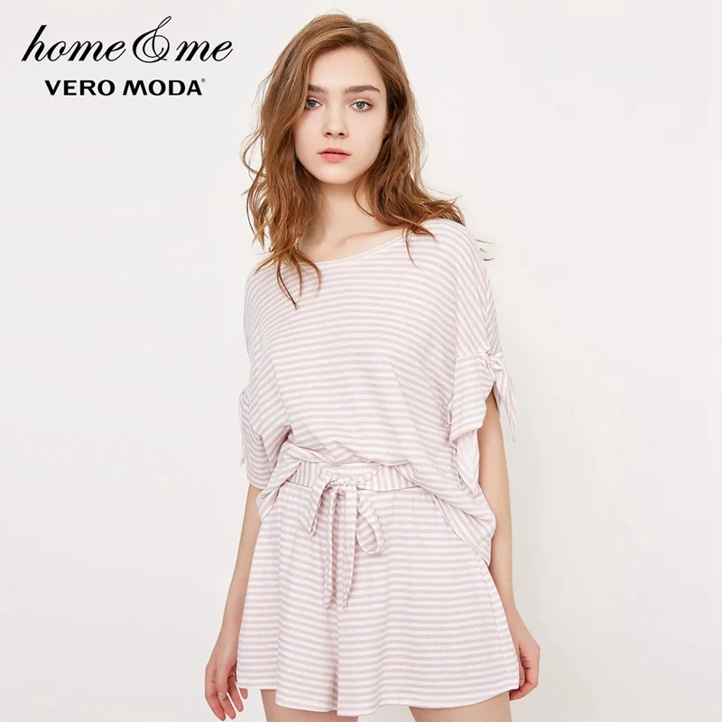 Vero Moda Новая Женская Полосатая Пижама с круглым вырезом и короткими рукавами Топ | 318201597 - Цвет: Lt. pale ling flower