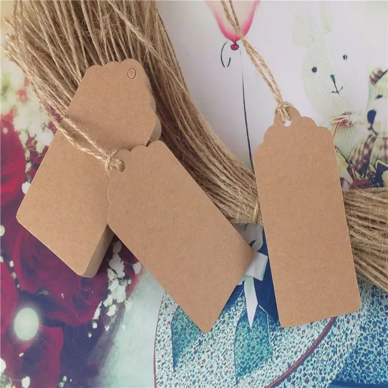 

100Pcs/Lot 8x4cm Brown Blank Kraft Cardboard Gift Tag Handmade Hang Head Labels For Shoes Bags Card Paper Tags With Hemp Strings