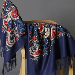 Navy Blue Красные/фиолетовые/черные/синие 18 цветов кашемировые женские шарфы с цветочной вышивкой, длинные зимние женские шарфы больших размеров пашмины - Цвет: Navy Blue
